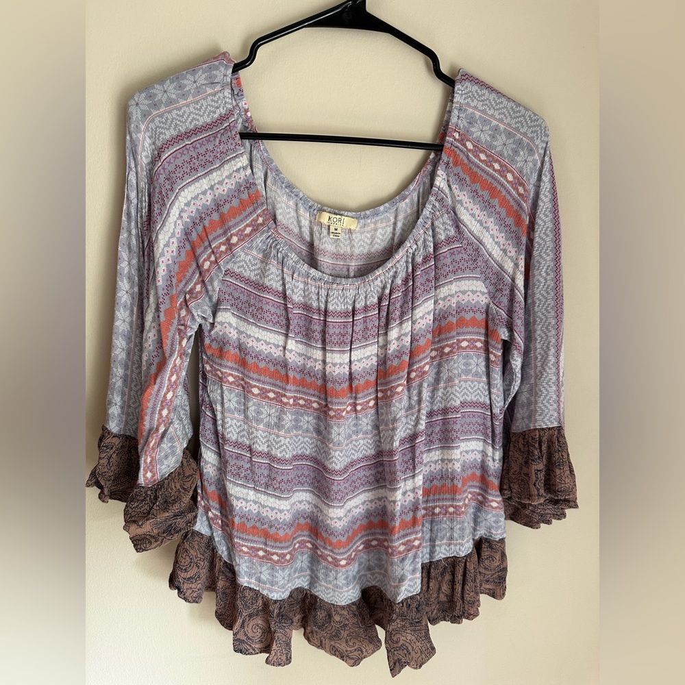 Bohemian 90s Blouse by Kori Womens Size Medium Purple Stripes Balloon Sleeves